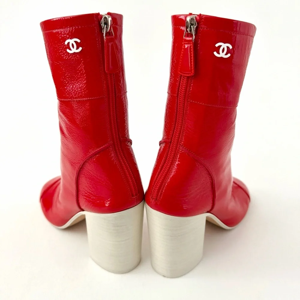 CHANEL | Red Patent Leather CC Logo Block Heel Ankle Boots EU 37.5